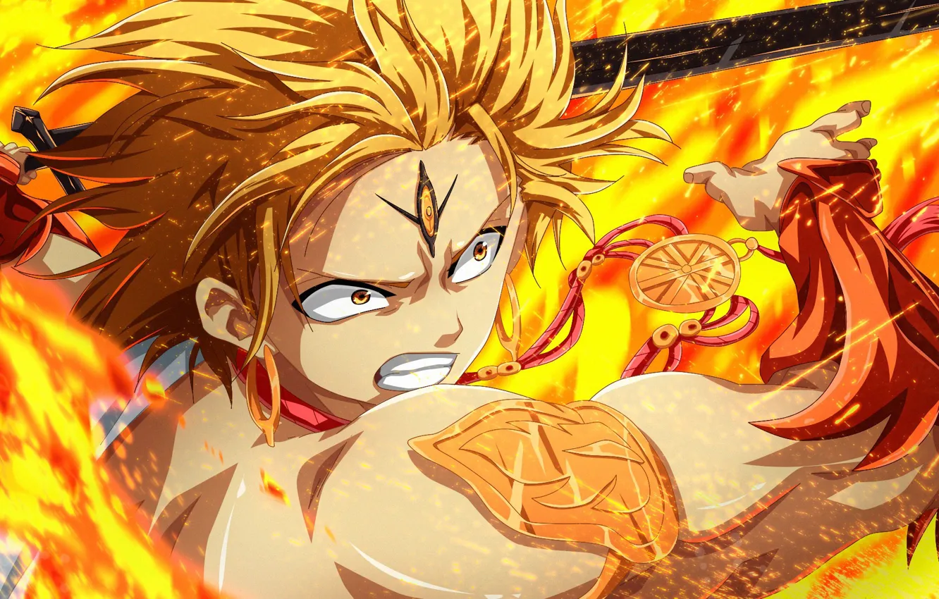 Photo wallpaper fire, battlefield, flame, sword, anime, fight, ken, blade