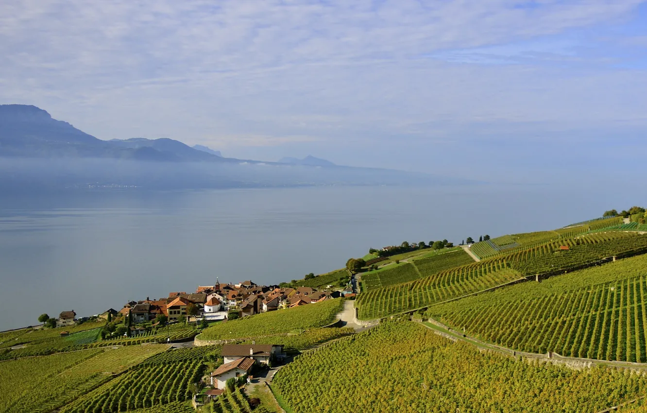 Photo wallpaper sea, field, the sky, clouds, mountains, lake, home, slope