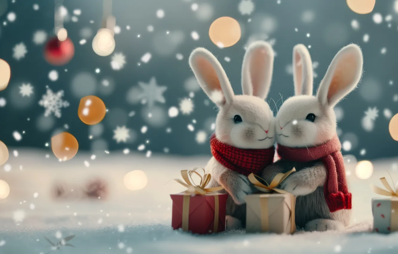 Photo wallpaper winter, snow, snowflakes, lights, gift, toy, new year, hare