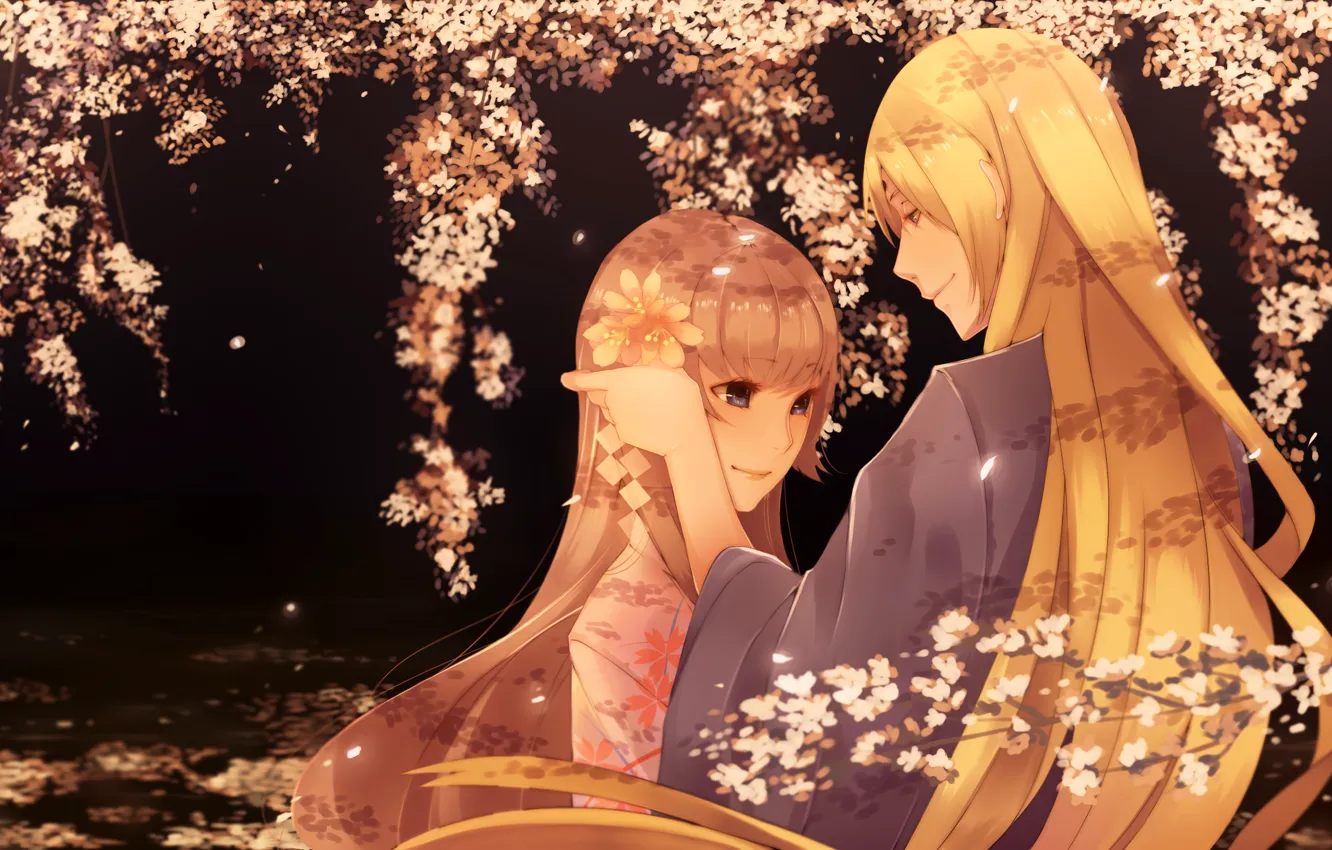 Photo wallpaper girl, night, branches, Sakura, Guy, date, flowering, long hair