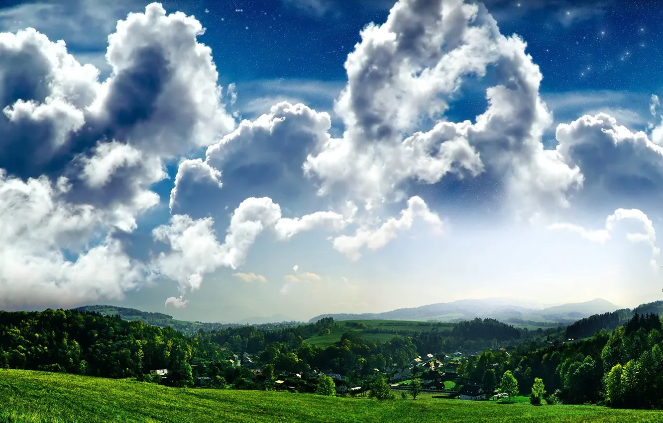 Photo wallpaper field, the sky, grass, clouds, trees, village