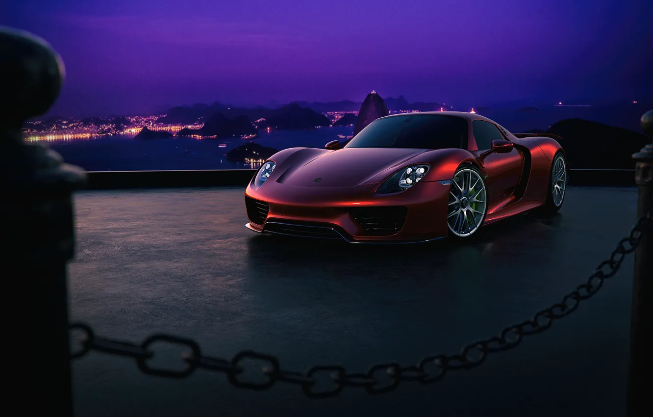 Photo wallpaper Porsche, Red, Sky, Purple, Front, 918, Color, Supercar