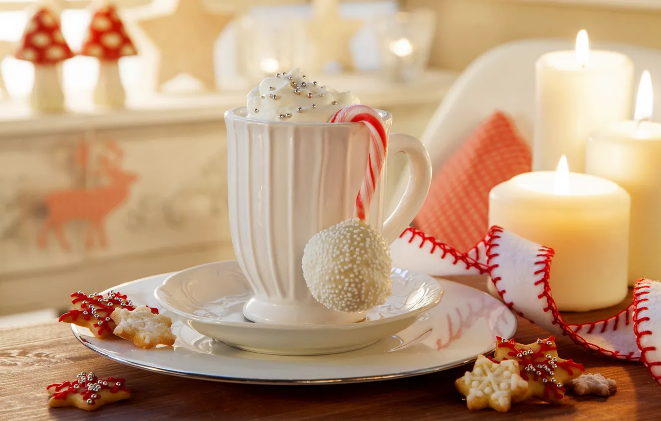 Photo wallpaper decoration, holiday, candles, cookies, Christmas, tape, Cup, New year