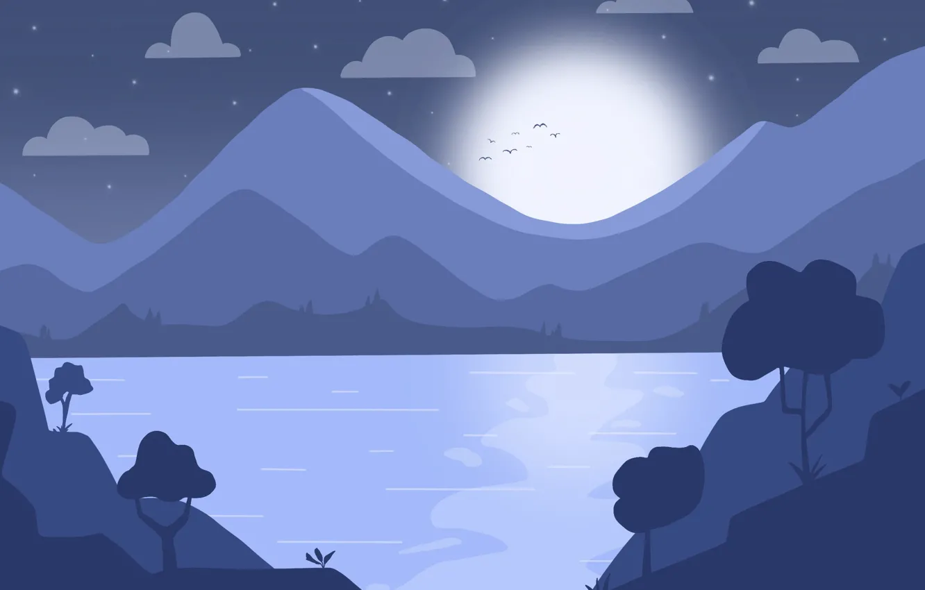 Photo wallpaper clouds, mountains, night, nature, lake, the moon, pond