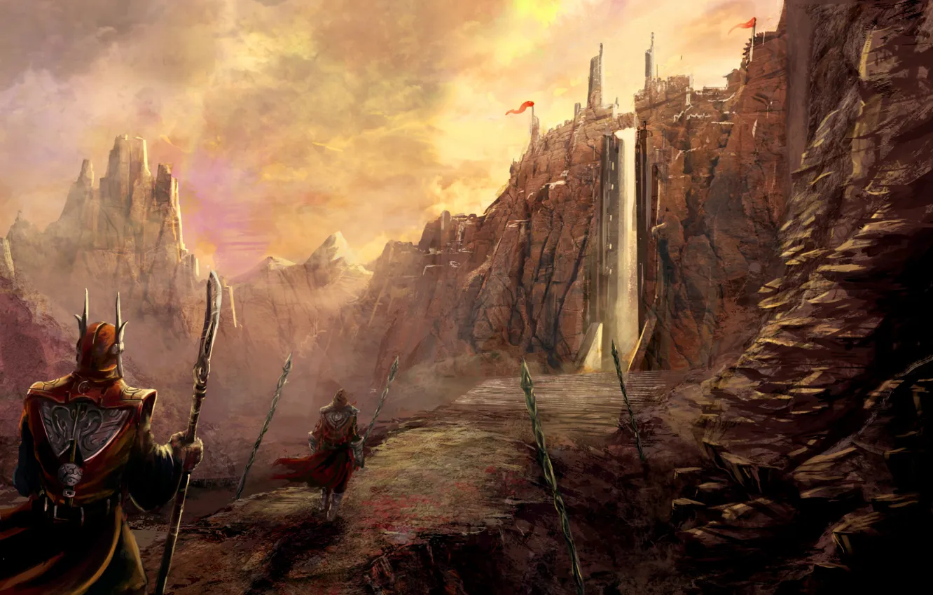 Photo wallpaper the sky, rocks, gate, flag, fortress, knight, the guardian, peak