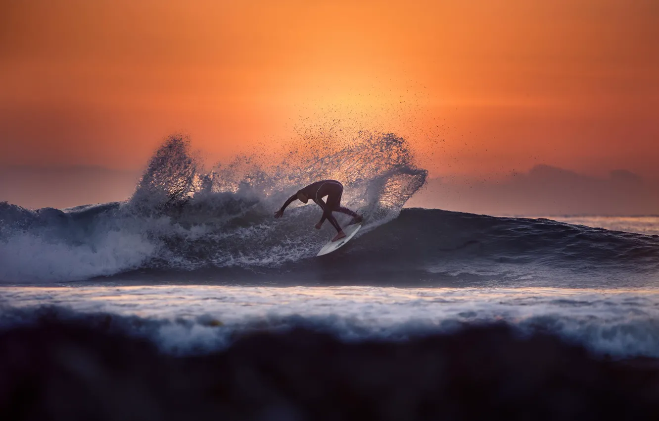Photo wallpaper wave, water, the sun, sunset, squirt, the ocean, sport, surfing