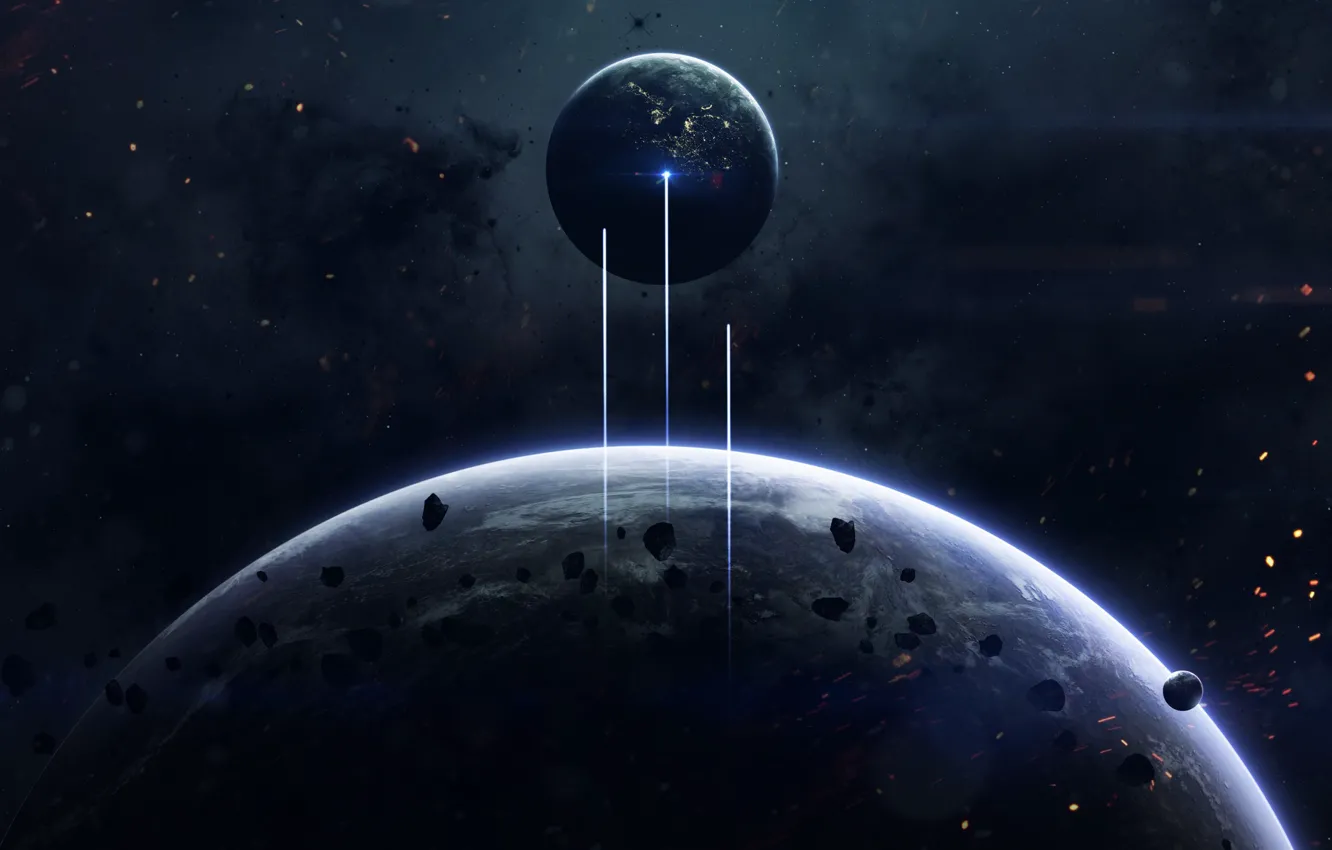 Photo wallpaper space, space, planet, satellite, asteroids, art, sparks, space