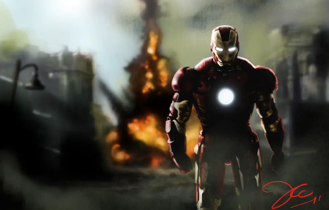 Photo wallpaper the explosion, people, iron man, Iron Man, Robert Downey ml