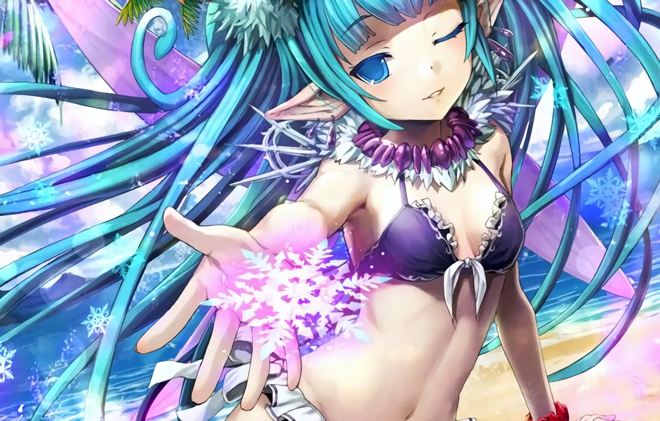 Photo wallpaper girl, sexy, cleavage, beach, long hair, sea, boobs, anime