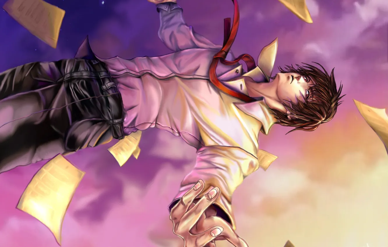 Photo wallpaper the sky, drop, art, leaves, guy, Death Note, Light Yagami