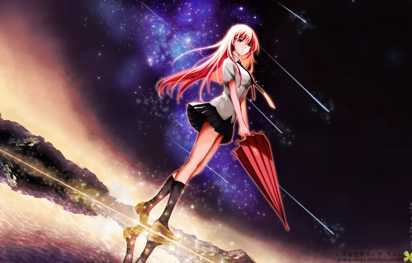 Photo wallpaper the sky, water, girl, stars, clouds, mountains, nature, umbrella