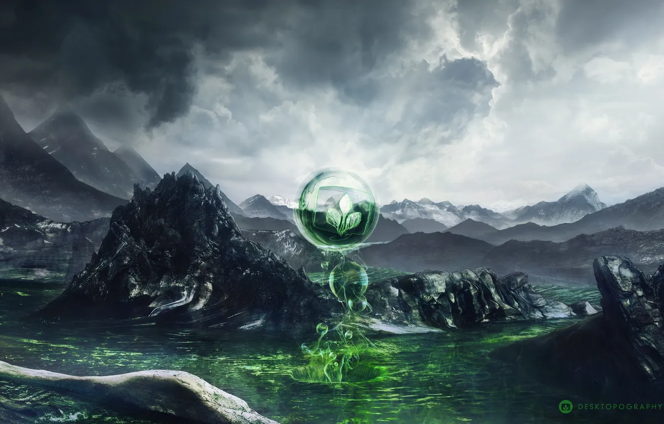 Photo wallpaper water, rocks, emblem, desktopography