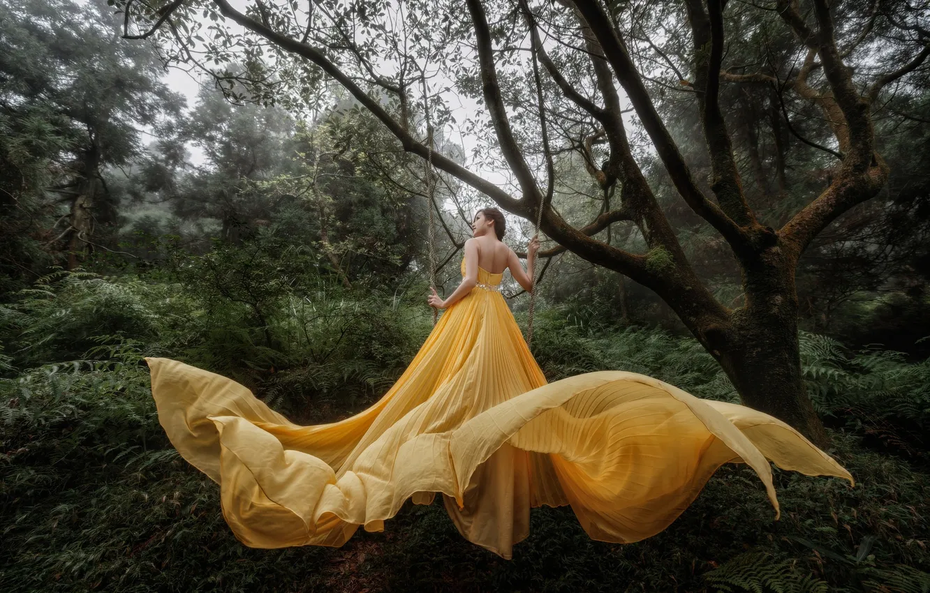 Photo wallpaper forest, girl, yellow dress