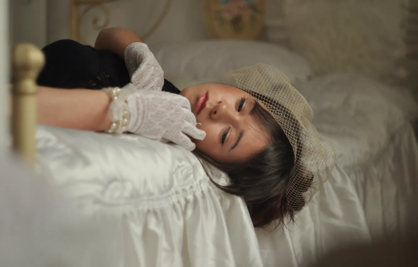Photo wallpaper girl, pose, bed, lies, gloves, bracelet