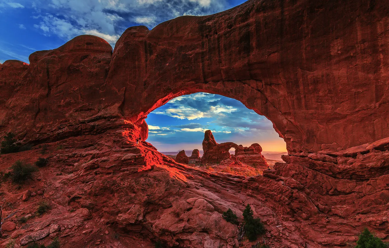 Photo wallpaper the sky, light, sunset, nature, rocks, people, Utah, USA