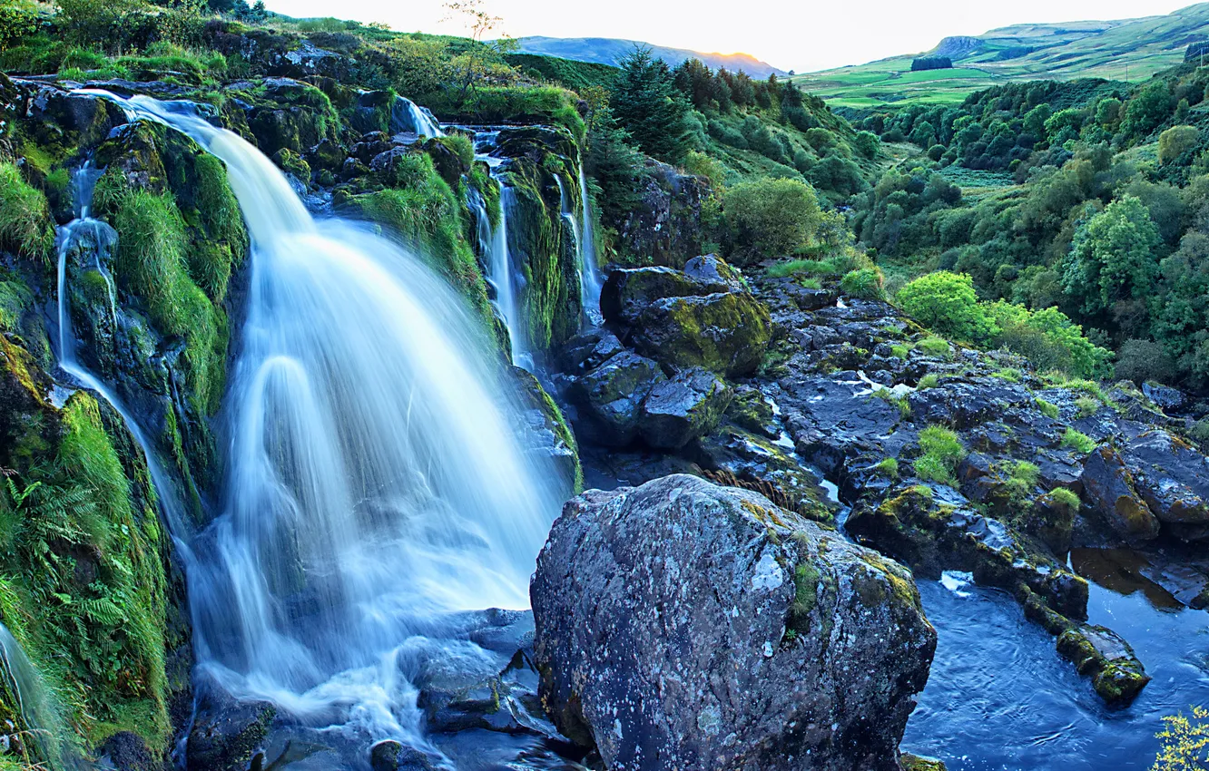 Photo wallpaper greens, stones, waterfall, Scotland, the bushes, Loup of Fintry