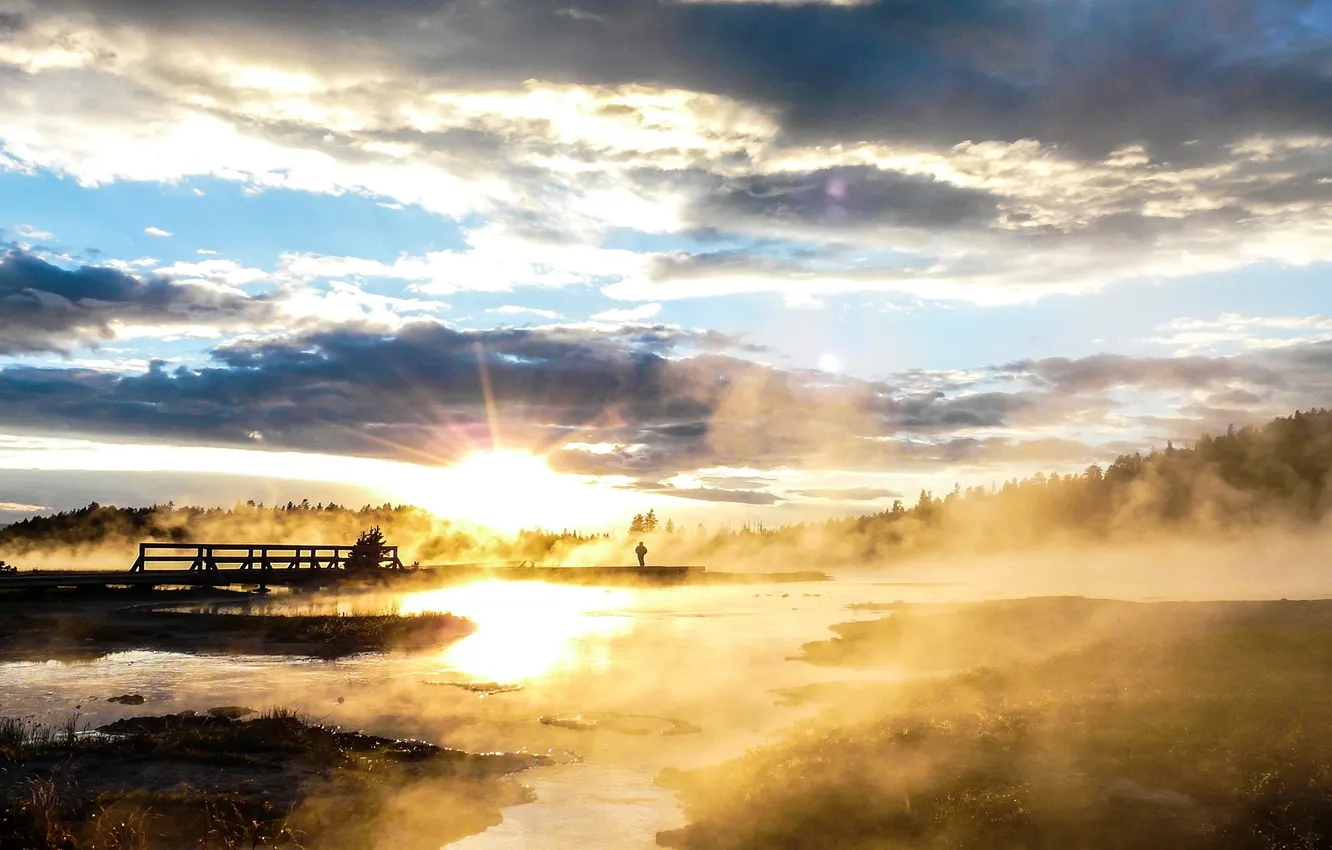 Photo wallpaper landscape, sunset, fog, lake, photo, the bridge