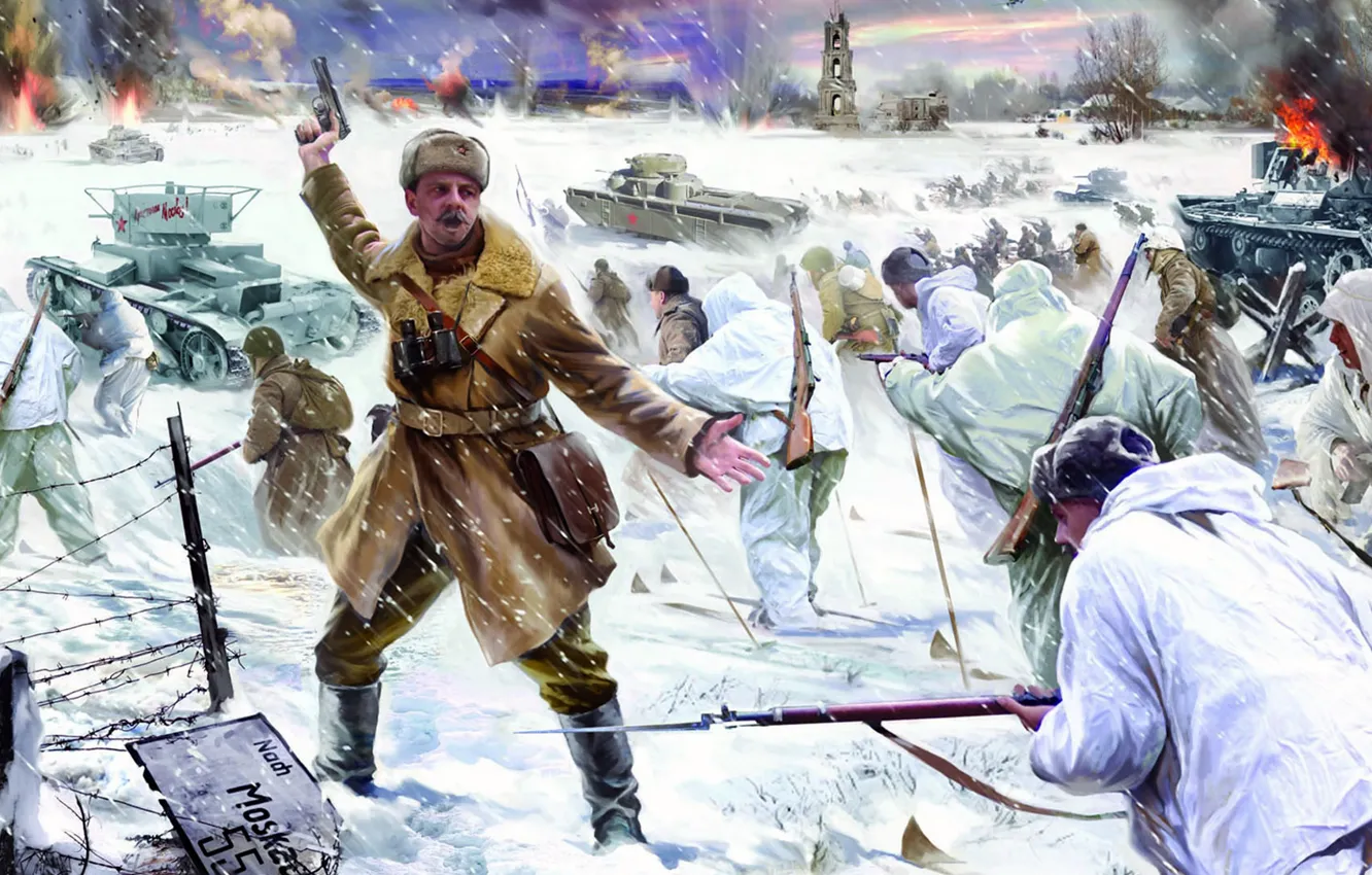 Photo wallpaper winter, war, attack, figure, soldiers, tank, Battle for Moscow, The Soviet counter-offensive near Moscow