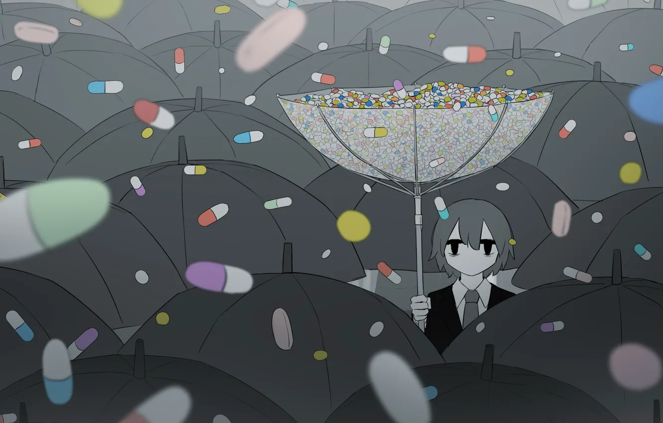 Photo wallpaper surrealism, umbrella, pills, guy, by avogado6