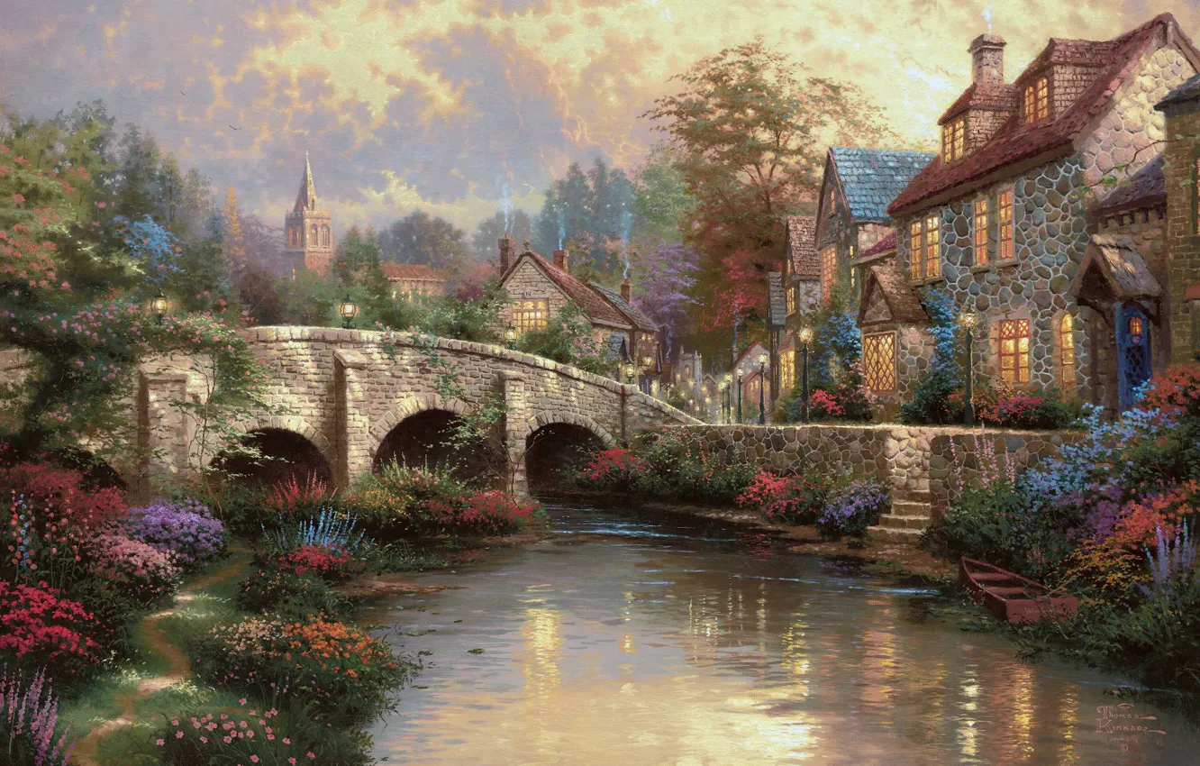 Photo wallpaper bridge, river, street, boat, home, painting, Thomas Kinkade, village