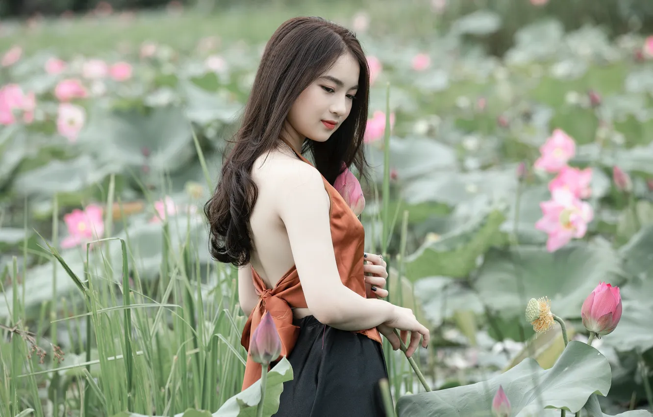 Photo wallpaper girl, flowers, nature, bouquet, Lotus, Asian