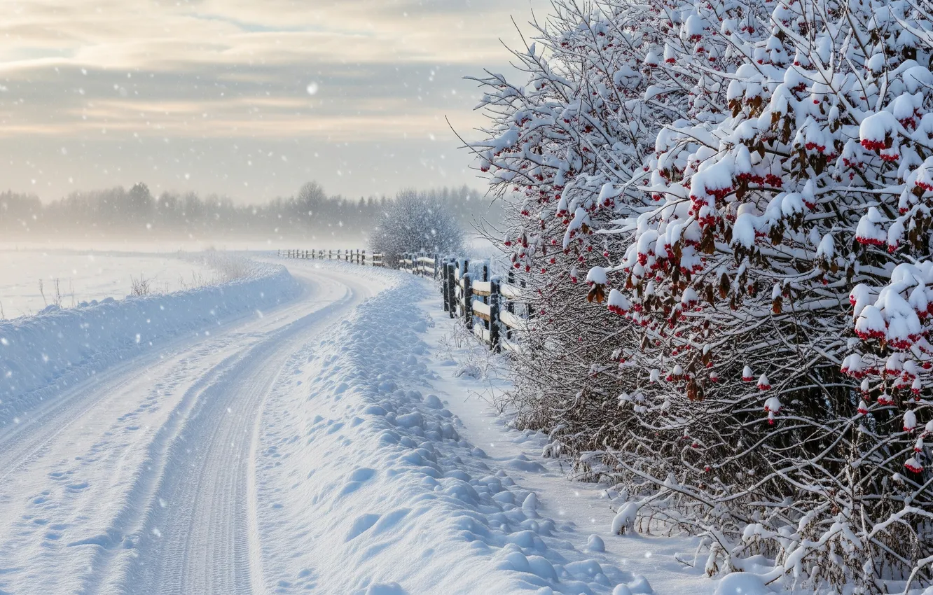 Photo wallpaper winter, road, the sky, snow, bush