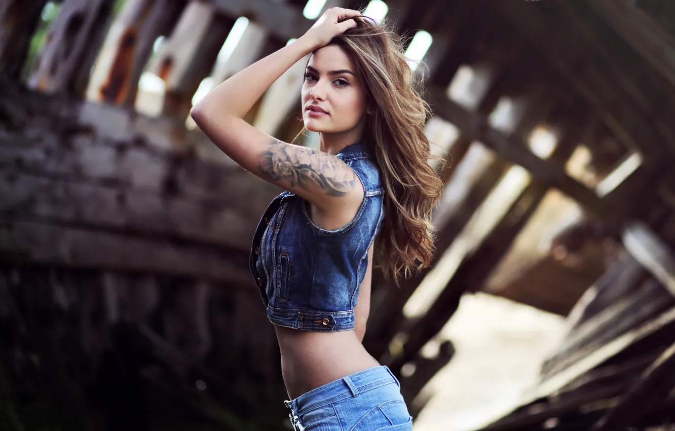 Photo wallpaper look, girl, model, hair, brunette, tattoo, Eva