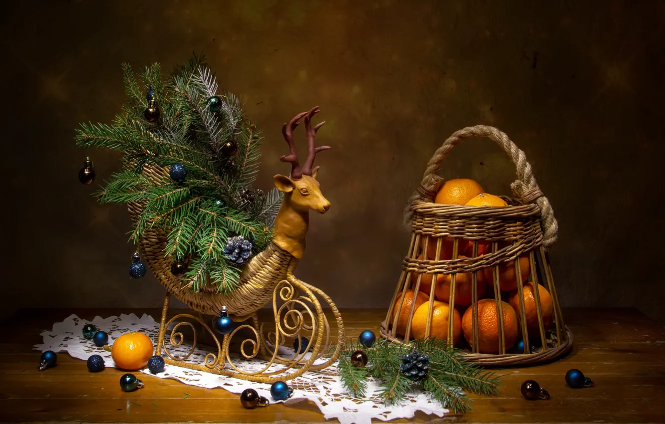 Photo wallpaper decoration, branches, holiday, basket, new year, spruce, fruit, still life
