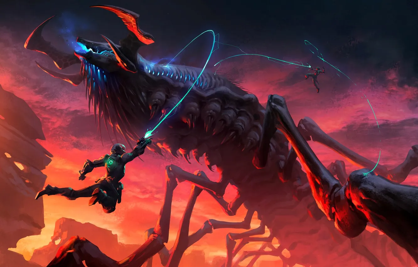 Photo wallpaper fantasy, soldiers, horns, monster, science fiction, sci-fi, battle, digital art