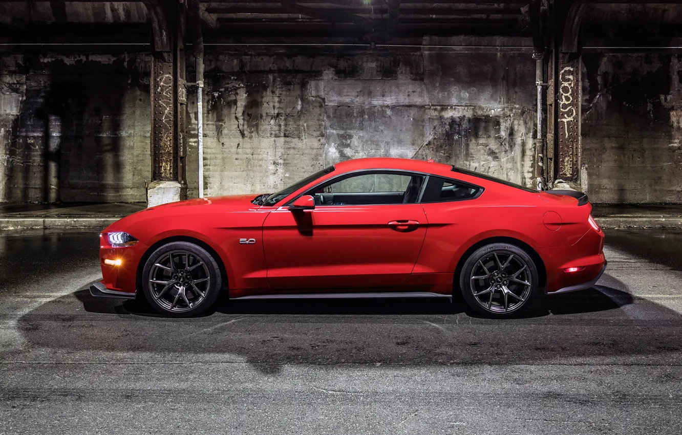 Photo wallpaper Mustang, Ford, Red, Wheel, Machine, Light, Shadow, Lights