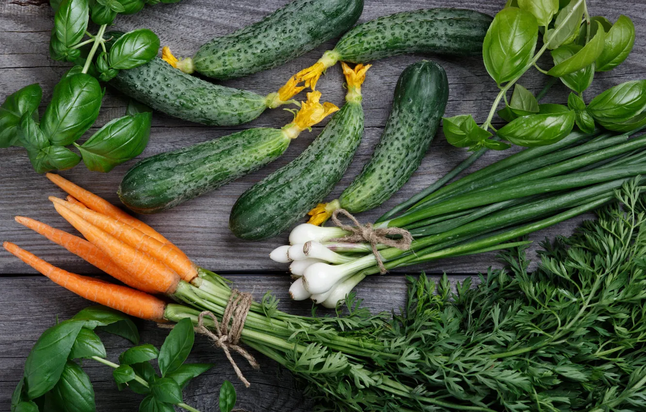 Photo wallpaper greens, pen, Board, bow, the beam, vegetables, carrots, cucumbers