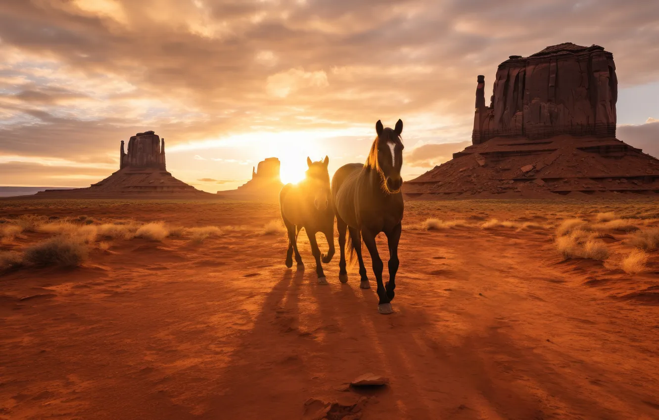 Photo wallpaper desert, sunset, horses