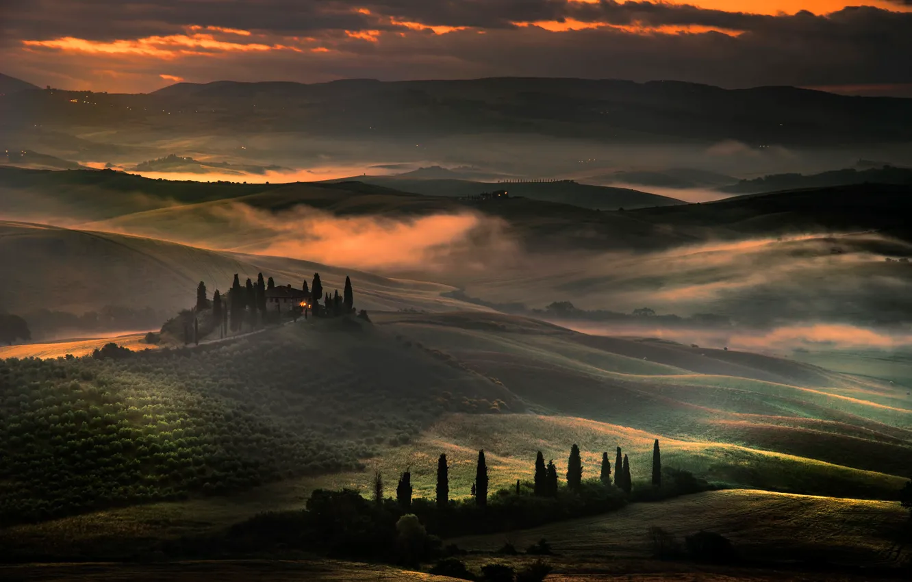 Photo wallpaper field, clouds, hills, the evening, Italy, Tuscany