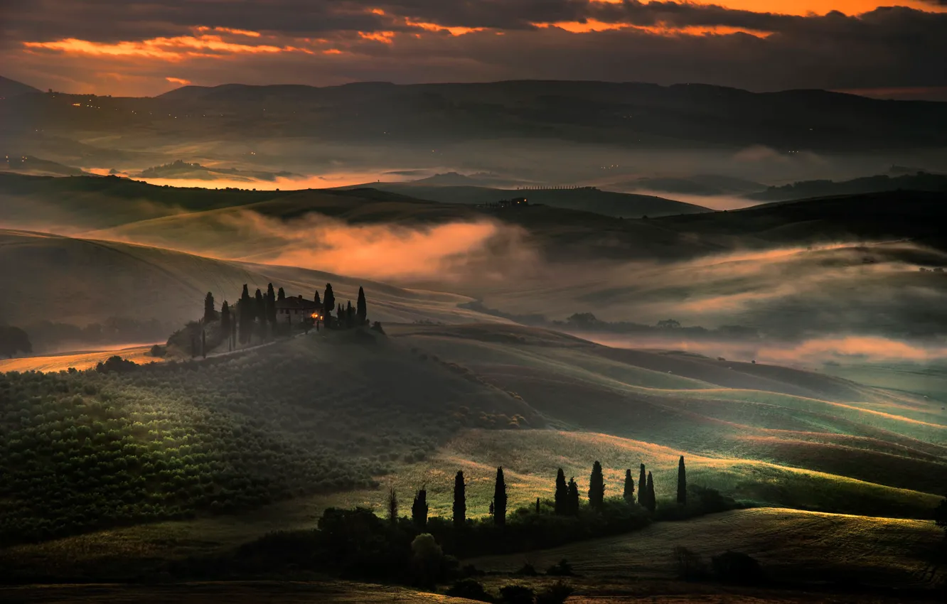 Photo wallpaper clouds, hills, field, the evening, Italy, Tuscany