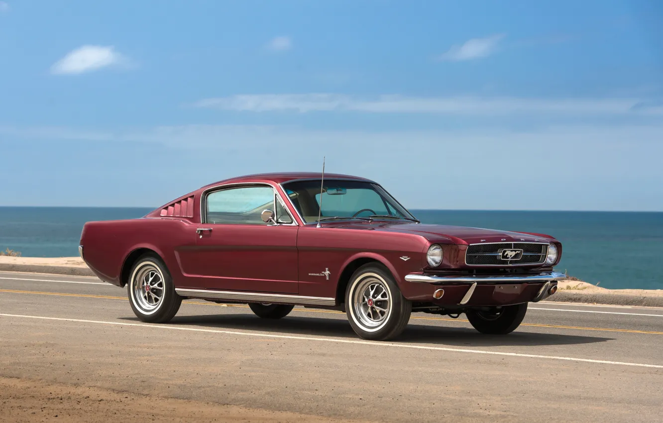 Photo wallpaper road, sea, retro, Mustang, Ford, 1965