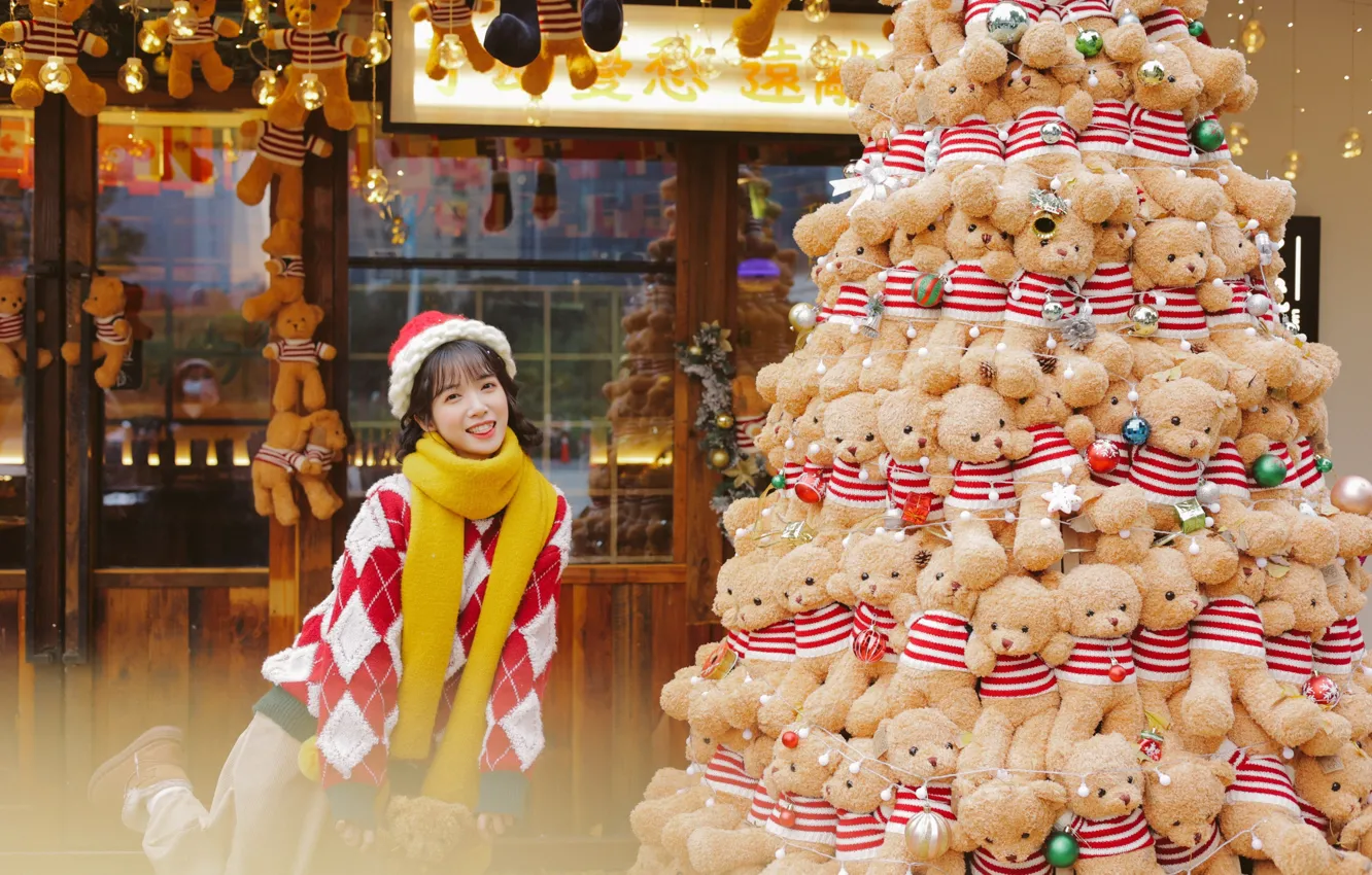 Photo wallpaper Christmas, Asian, Model, Smile, Woman, Festival, Hat, Pretty