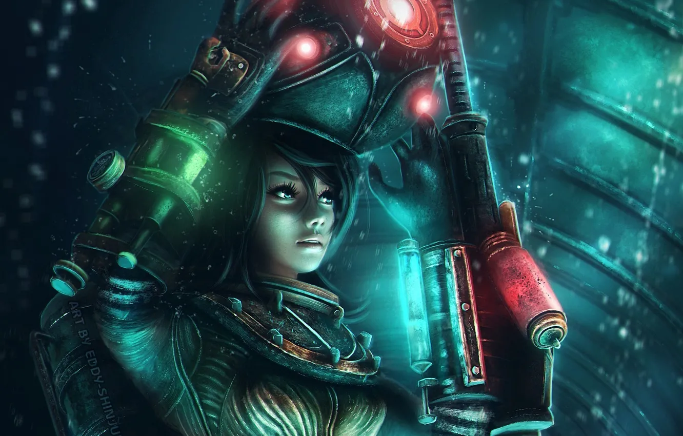 Photo wallpaper girl, metal, weapons, the suit, art, helmet, bioshock 2