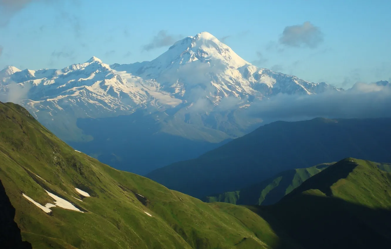 Photo wallpaper ice, the sky, clouds, snow, mountains, nature, tops, valley