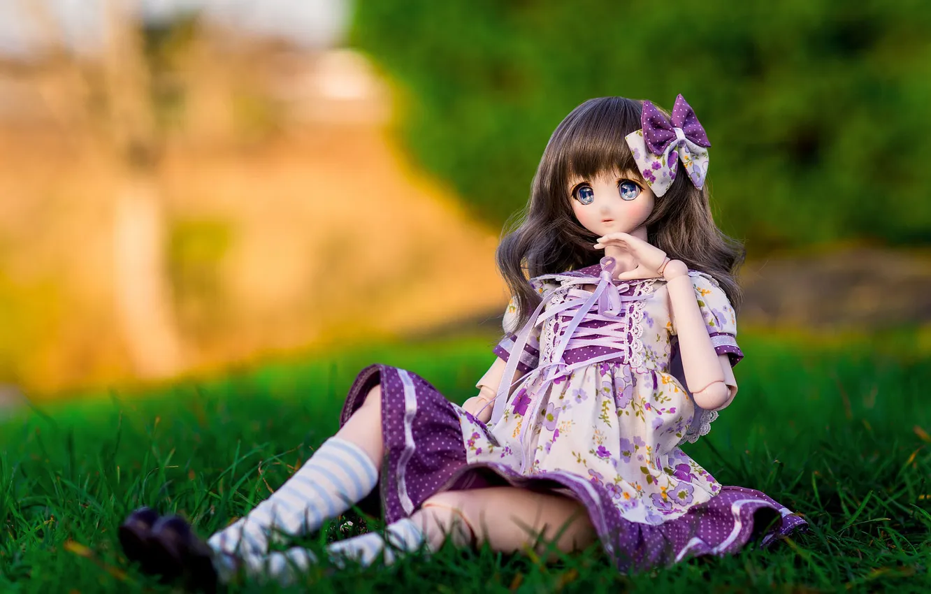 Photo wallpaper nature, toy, doll, anime, dress, bow, sitting, long hair
