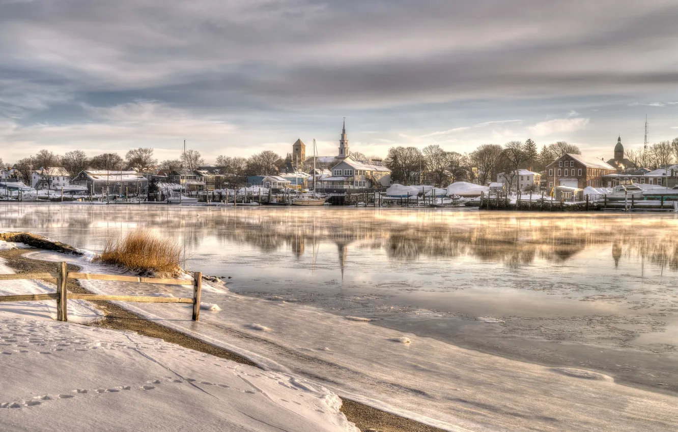 Wallpaper Winter, Snow, Morning, Church, Barrington River, Warren Rhode ...