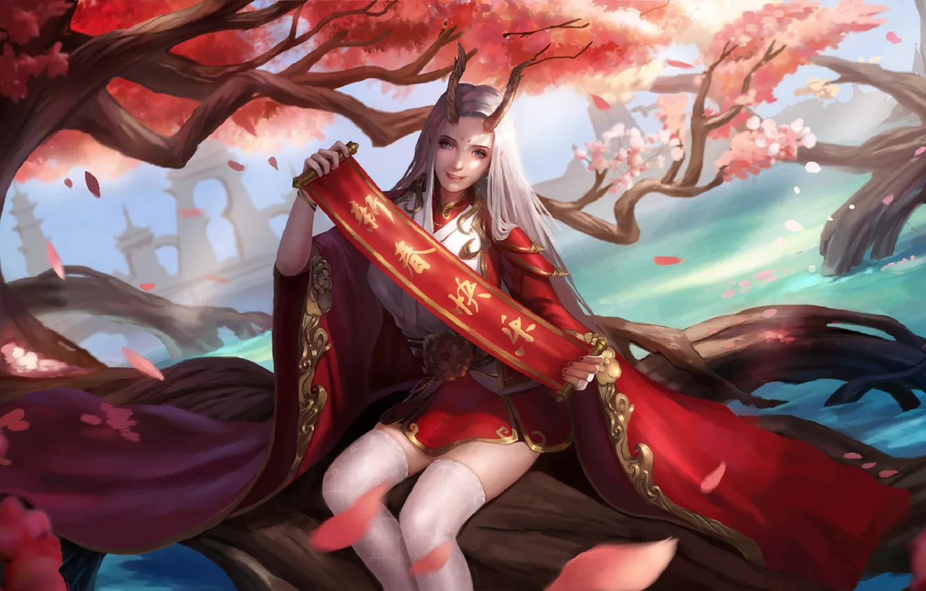 Photo wallpaper characters, horns, white hair, in the water, scroll, white stockings, youkai, sitting on a branch