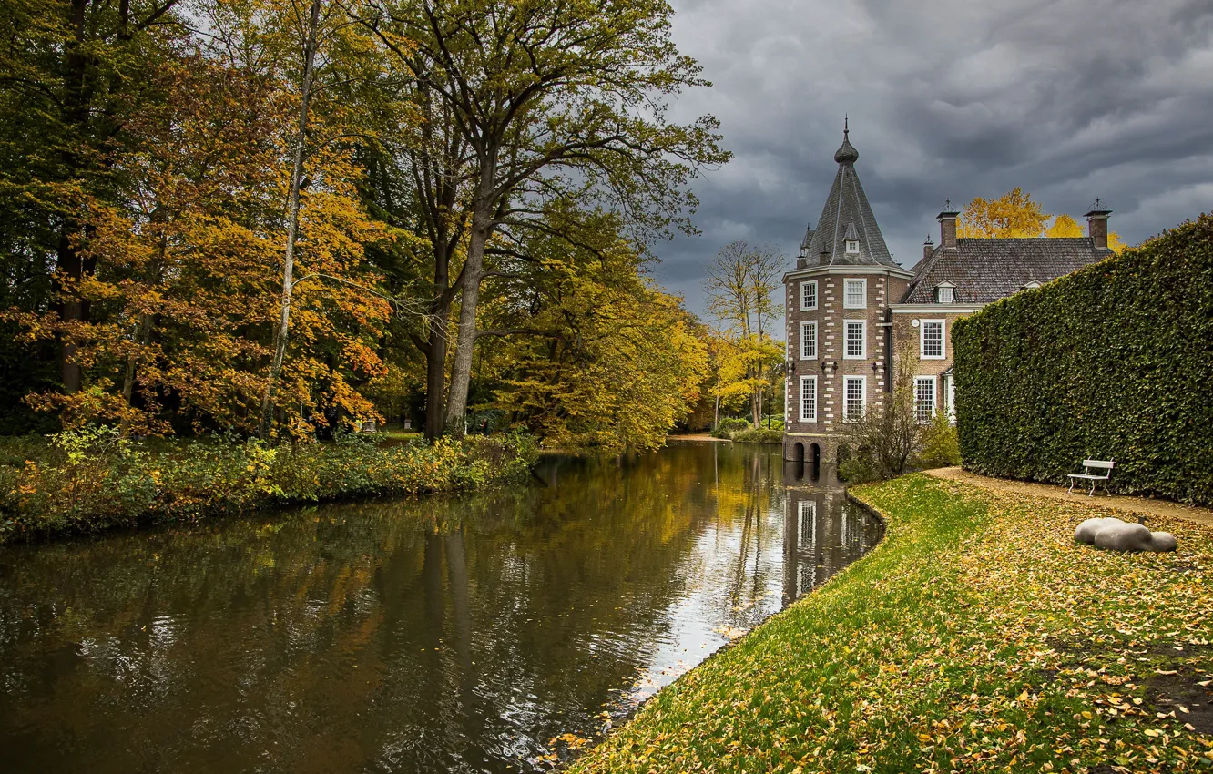 Photo wallpaper autumn, trees, castle, channel, Netherlands, Netherlands, Nijenhuis Castle, Castle Nijenhuis