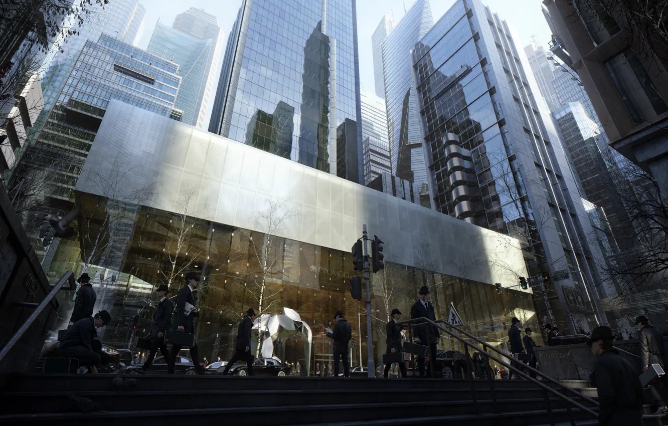 Photo wallpaper trees, reflection, people, skyscrapers, traffic light, ladder, stage, passers-by