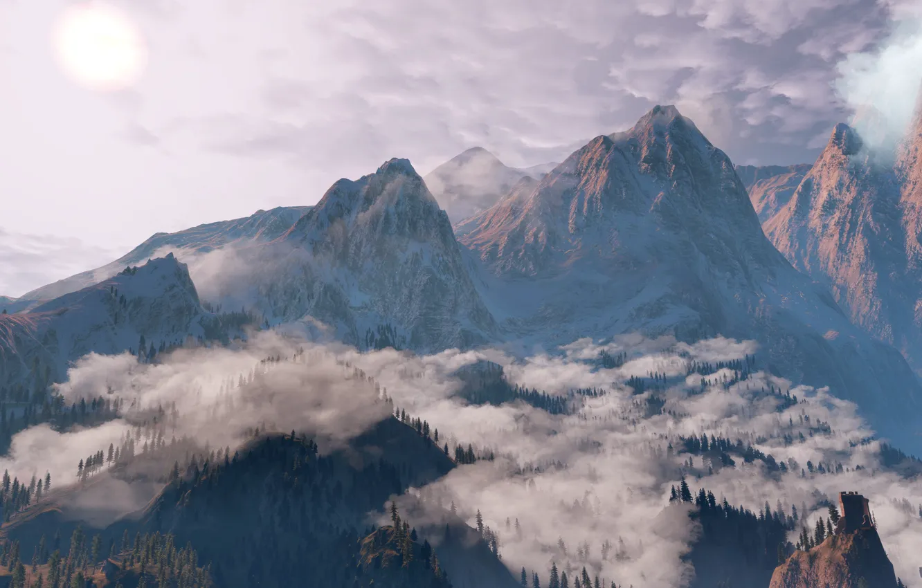 Photo wallpaper forest, clouds, snow, mountains, The Witcher, The Witcher, The Witcher 3 Wild Hunt, The Witcher …