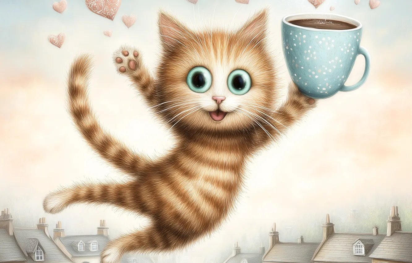 Photo wallpaper cat, the sky, cat, look, flight, pose, building, home