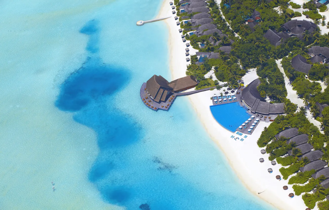 Photo wallpaper sea, beach, palm trees, the ocean, pool, houses, The Maldives, pool