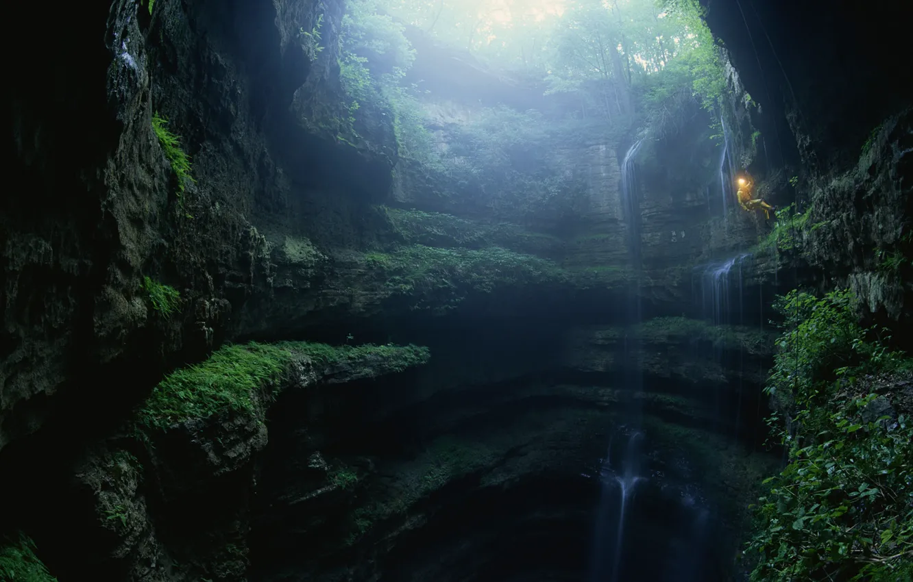 Photo wallpaper light, landscape, nature, the descent, waterfall, gorge, cave