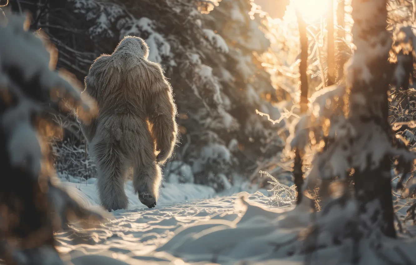Photo wallpaper winter, forest, snow, trees, dawn, being, back, Yeti