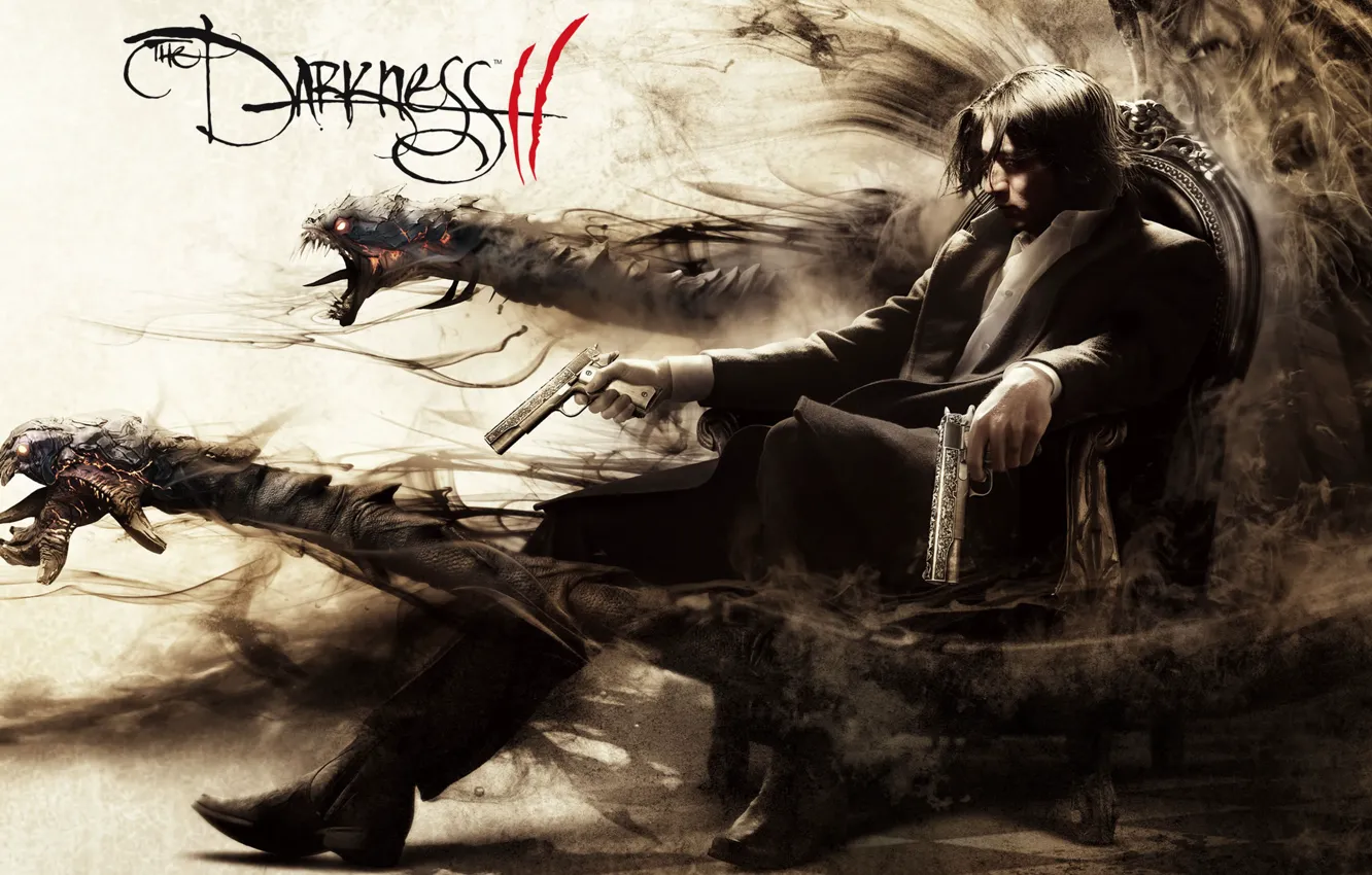 Photo wallpaper darkness, guns, chair, monsters, male, monster, The Darkness 2