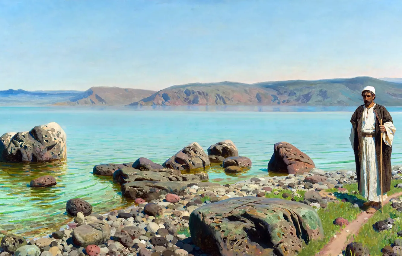 Photo wallpaper Lake, Stones, Picture, Male, Vasily Polenov, Russian artist, Vasily Polenov, On Lake Tiberias (Gennesaret)